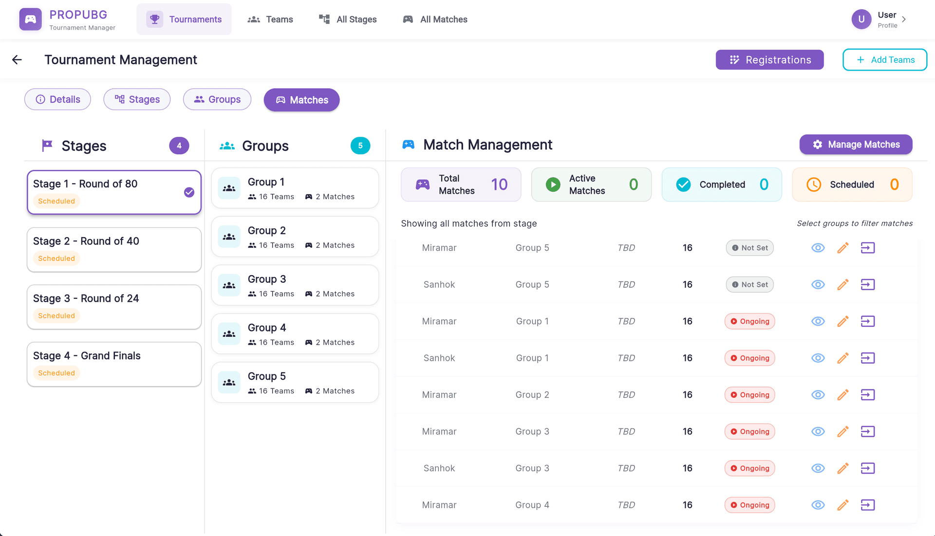 PROPUBG Tournament Management Dashboard